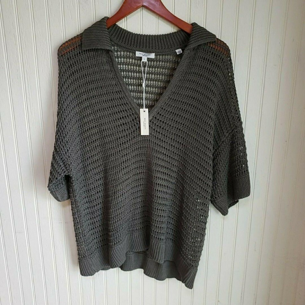Max Studio Sweater Womens Large Gray V Neck Dolman Short Sleeve Open Knit